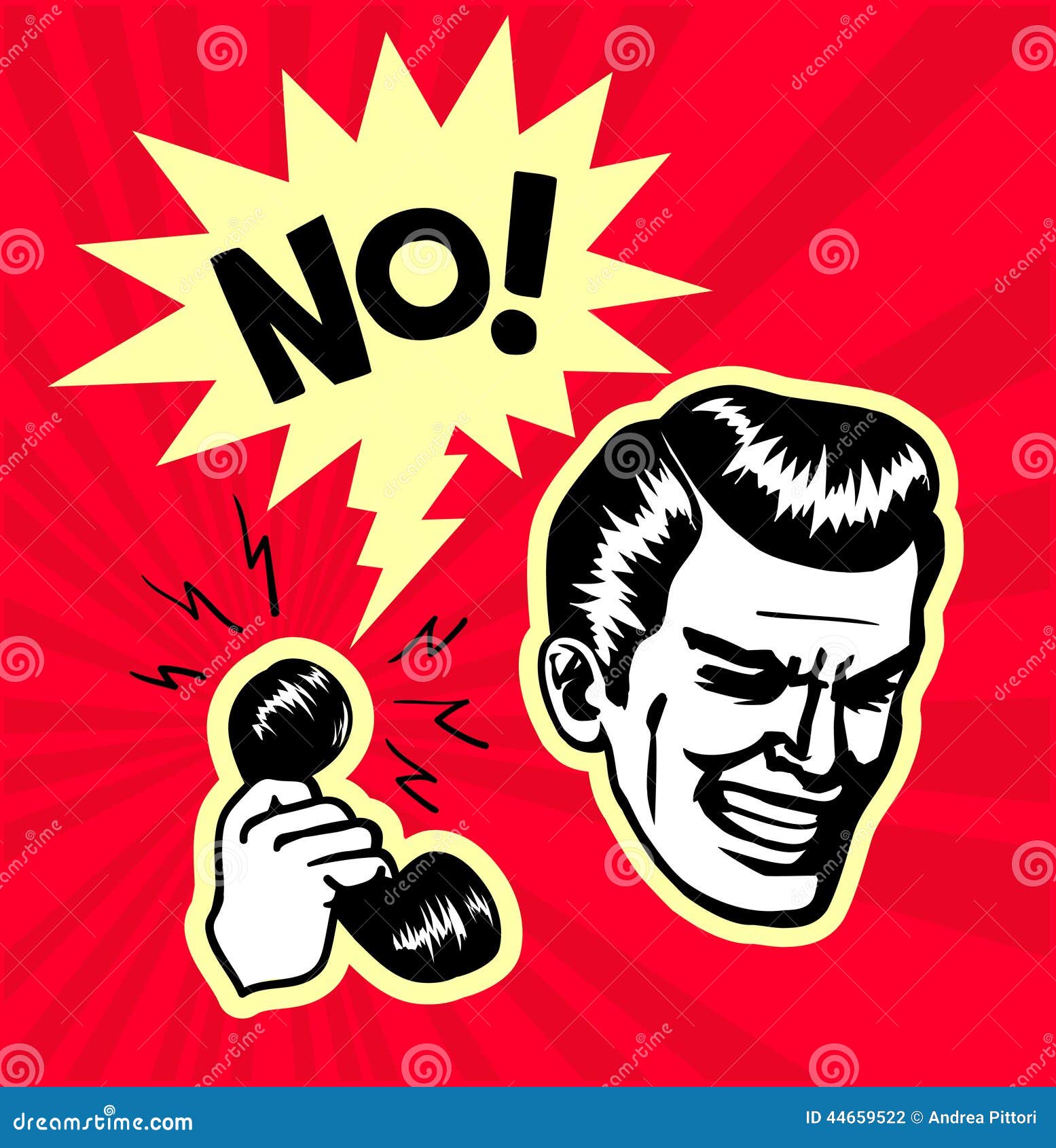 retro vintage clipart: point-blank rejection, annoying telemarketing call center clerk gets an emphatic no