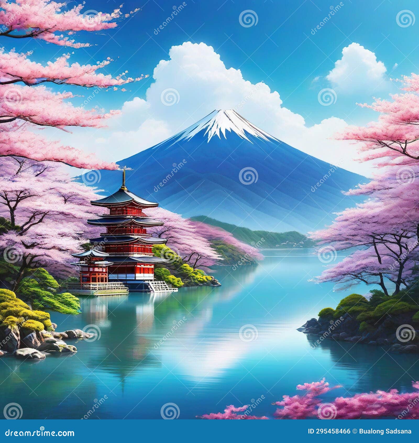 retro vintage gravure mountain in sakura adventure graphic art