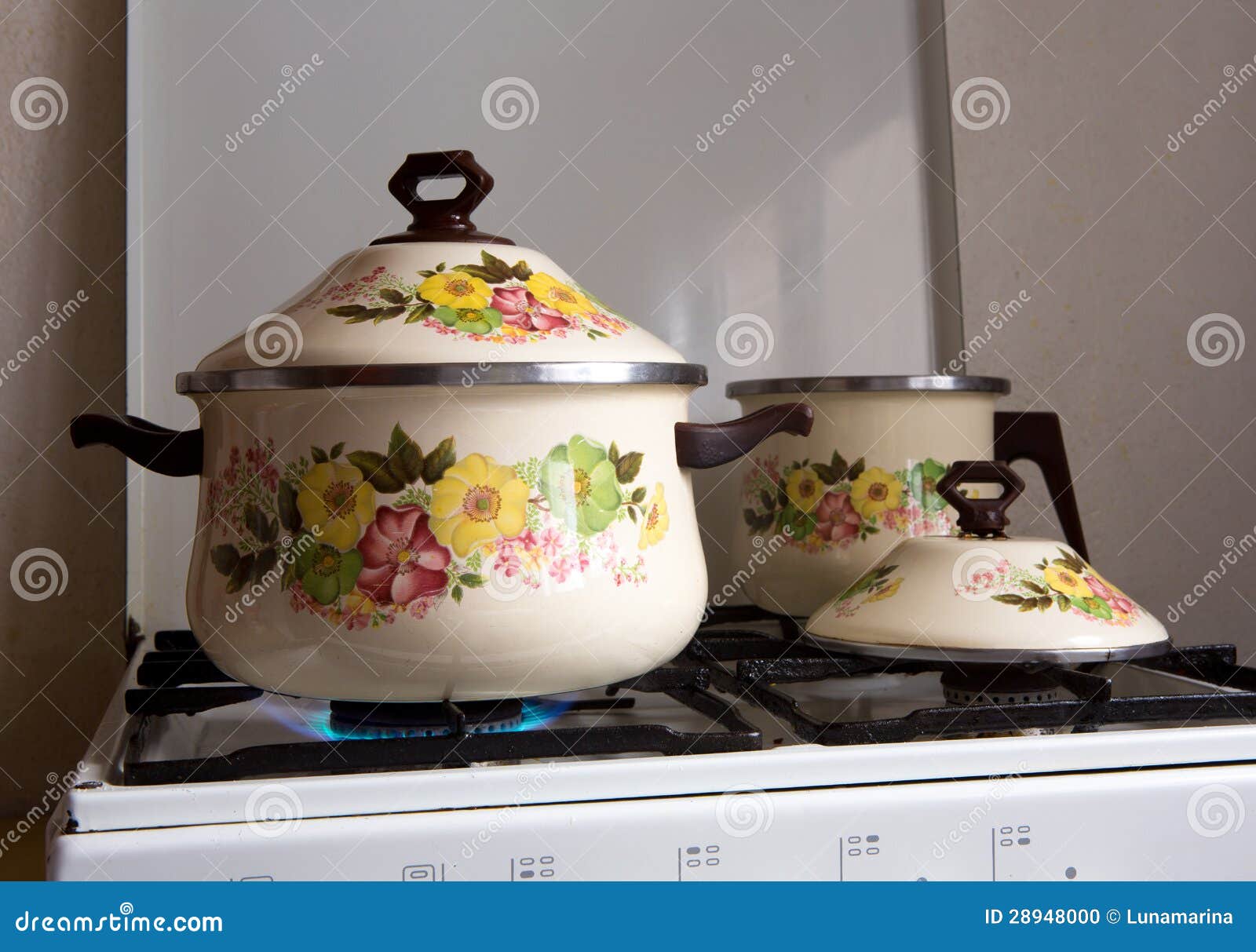 Retro Vintage Kitchen with Pots Pans of Porcelain Stock Photo Image