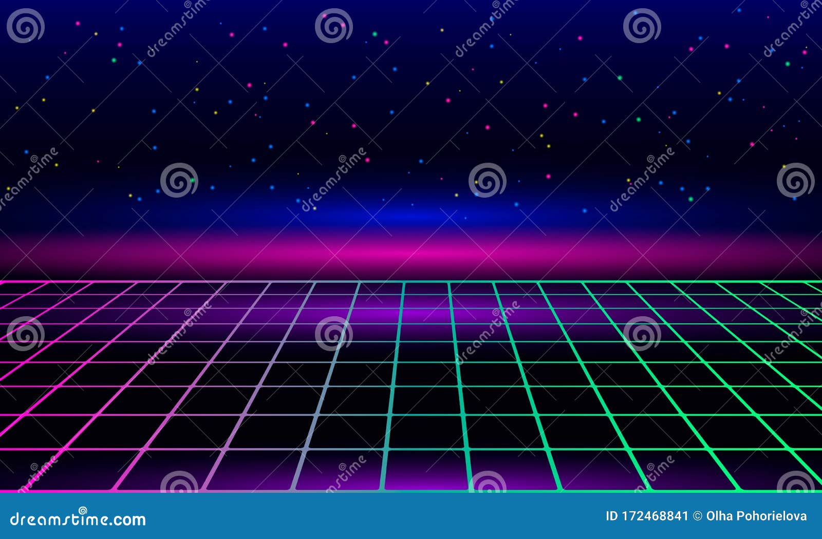 retro vintage neon grid horizon of the 80s and 90s. banner for printing night disco parties