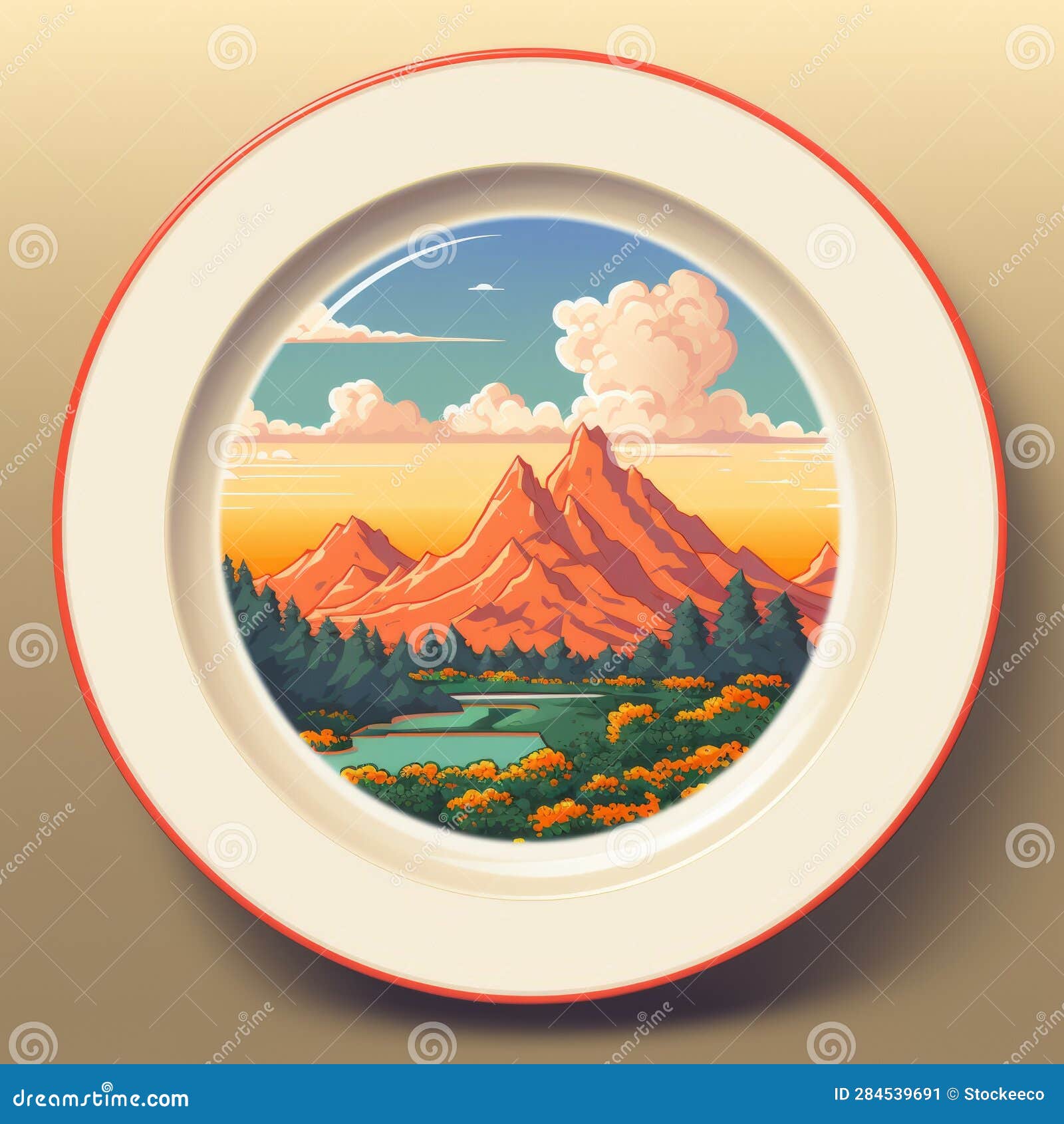 retro visuals: highly detailed mountain  on orange plate