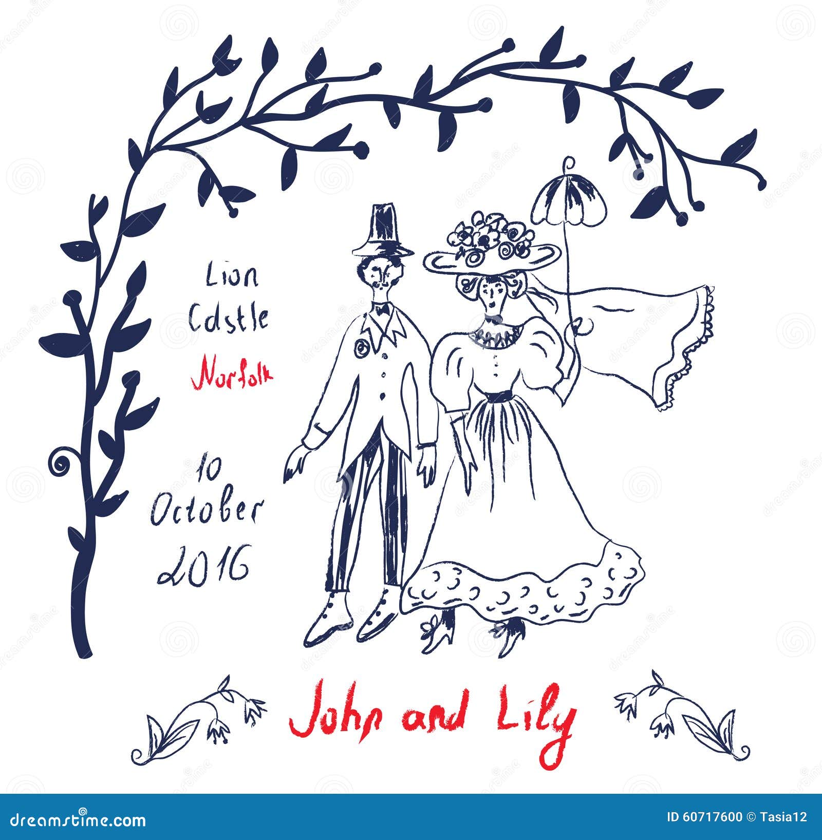 Retro Wedding Invitation in Sketchy Style Stock Vector Illustration