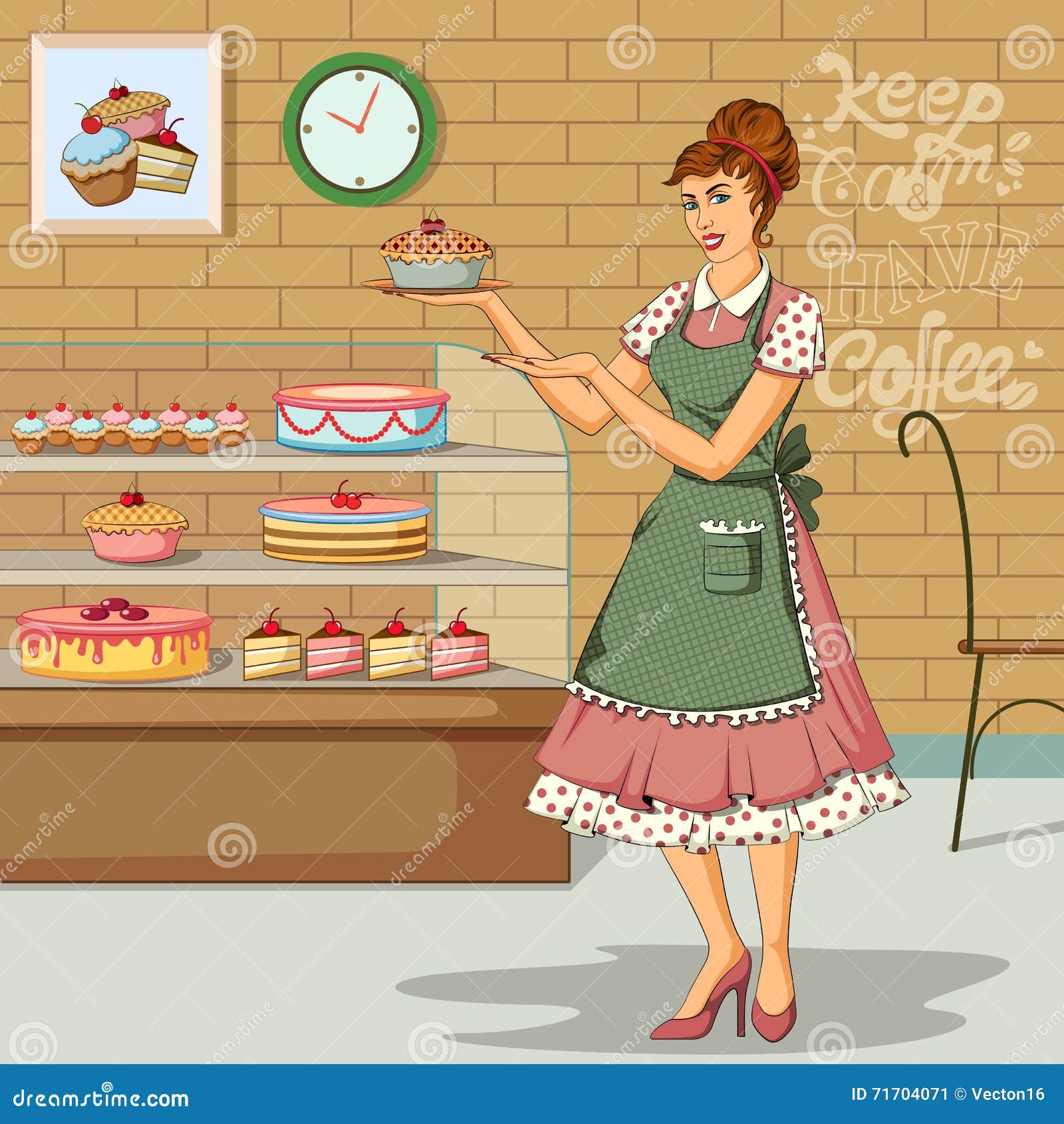Retro woman in cake shop stock illustration. Illustration of occupation