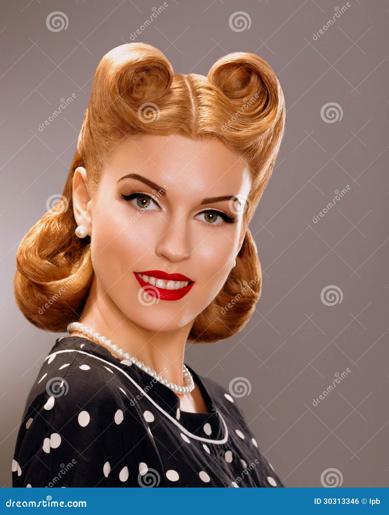 Nostalgia Styled Smiling Woman  With Retro Golden Hair  