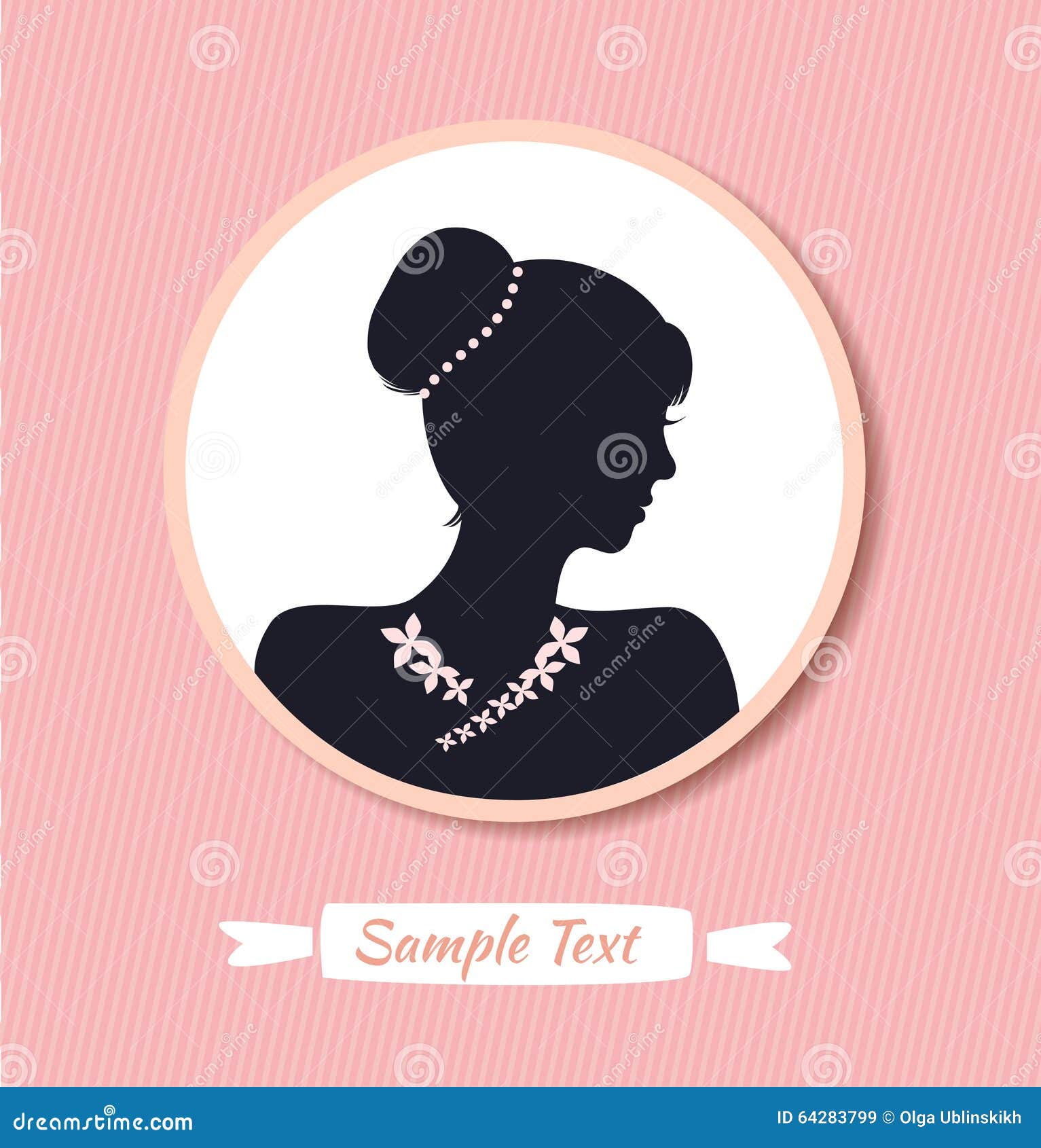 Retro Woman Head Silhouette In Round Frame. Vector Woman 