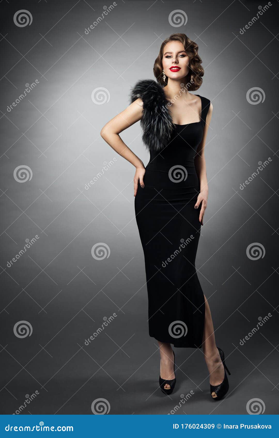 Retro Woman in Long Black Dress, Fashion Model in Evening Gown, Young Girl  Beauty Studio Portrait Stock Image - Image of fashionable, fashioned:  176024309