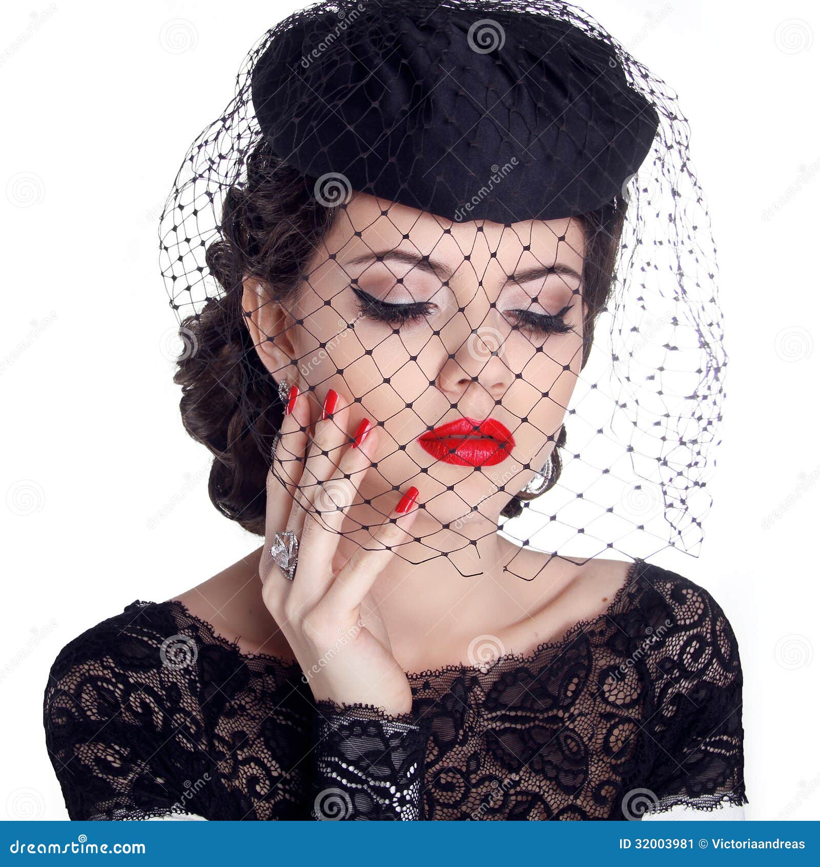 Retro Woman Portrait In Hat Isolated On White Background 