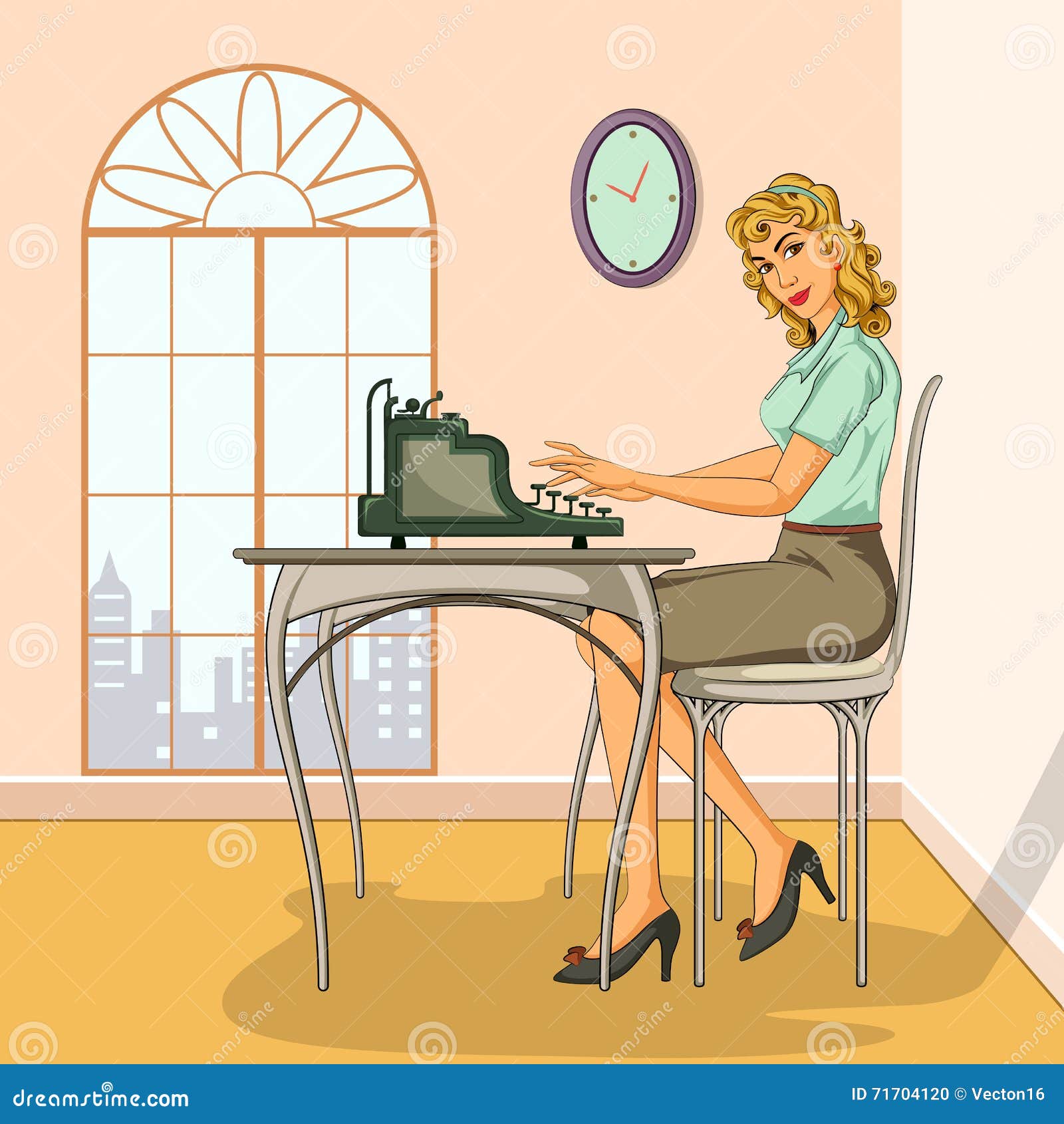 Retro Woman Typing On Typewriter Stock Illustration Illustration Of Happy Occupation 71704120