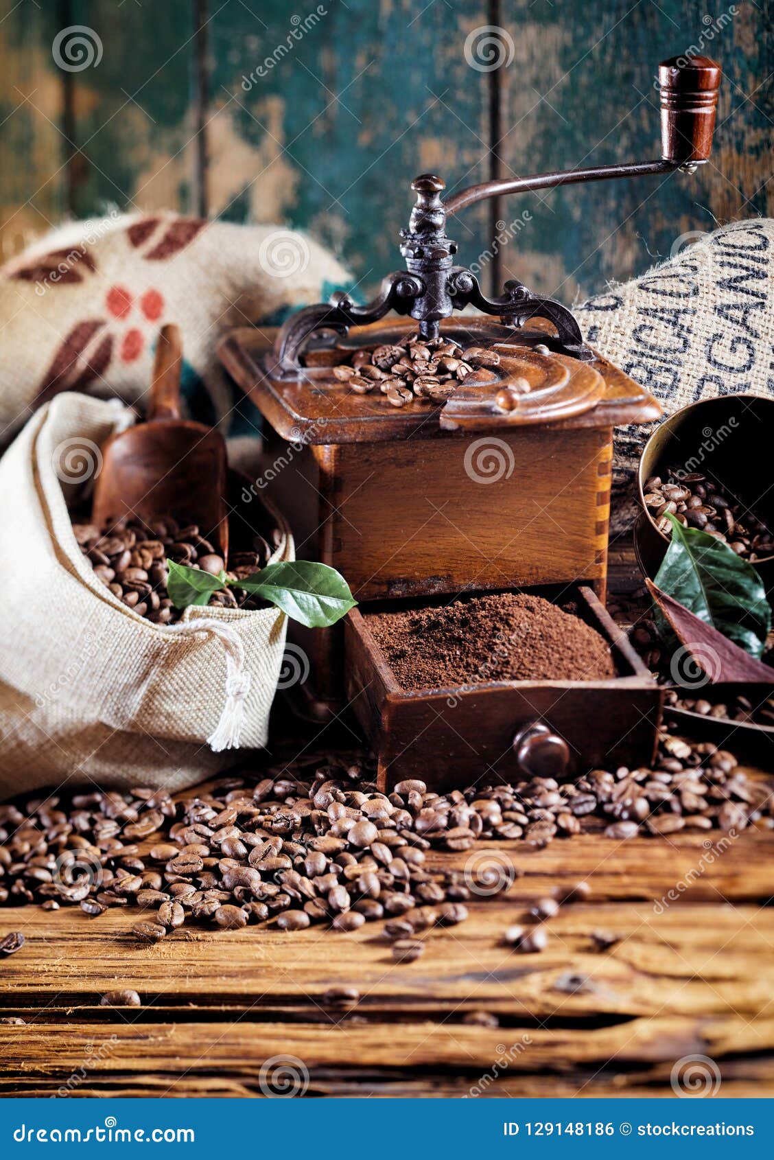 Retro Wooden Coffee Mill with Roasted Beans Stock Photo Image of cofe