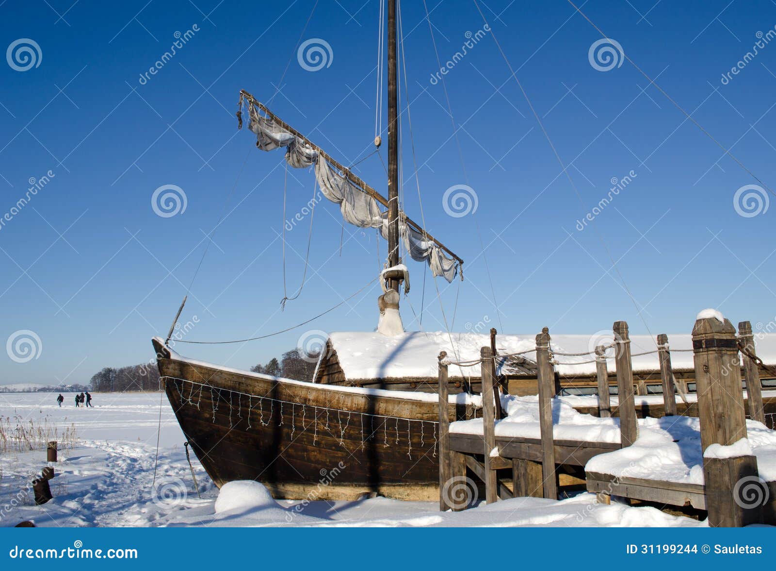 Retro Wooden Ship Frozen Lake Ice Sail People Walk Stock ...