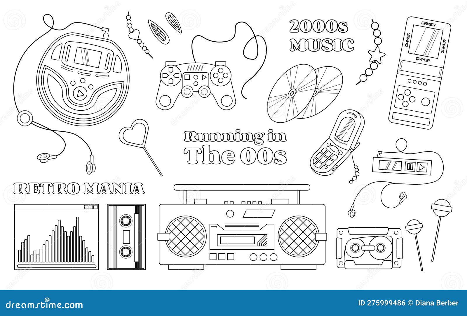 retro 2000-2009 years objects in a line art, y2k collection