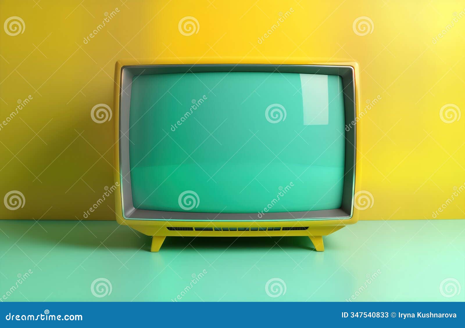 retro yellow television set stands on teal surface against yellow wall. vintage tech object with blank teal screen. displaying
