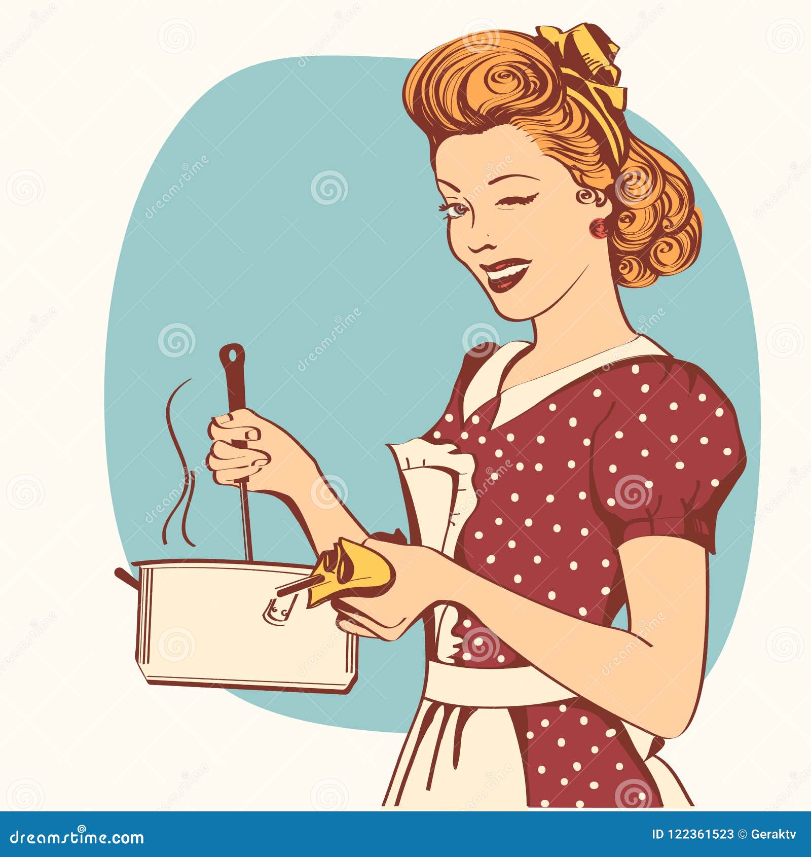 retro young woman in retro clothes cooking soup.
