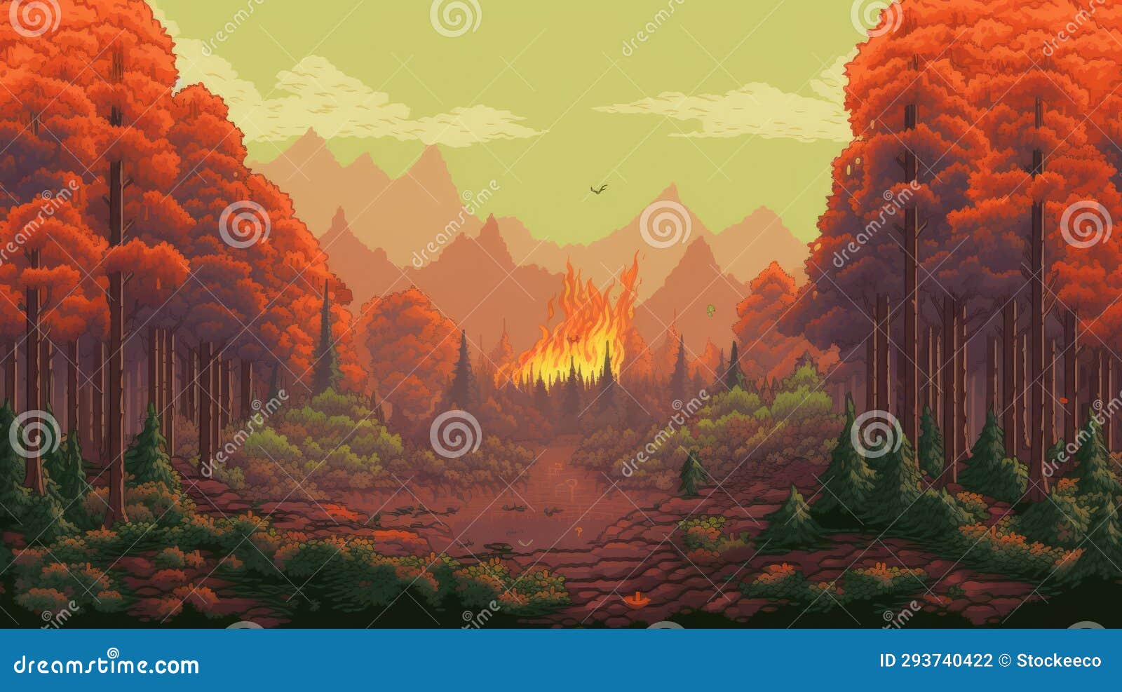 retrograde 8-bit pixel art forest of fire