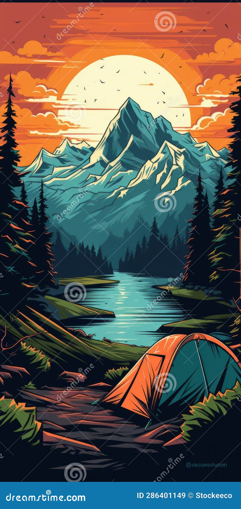 retrovirus camping poster: bold artwork of mountain scenery