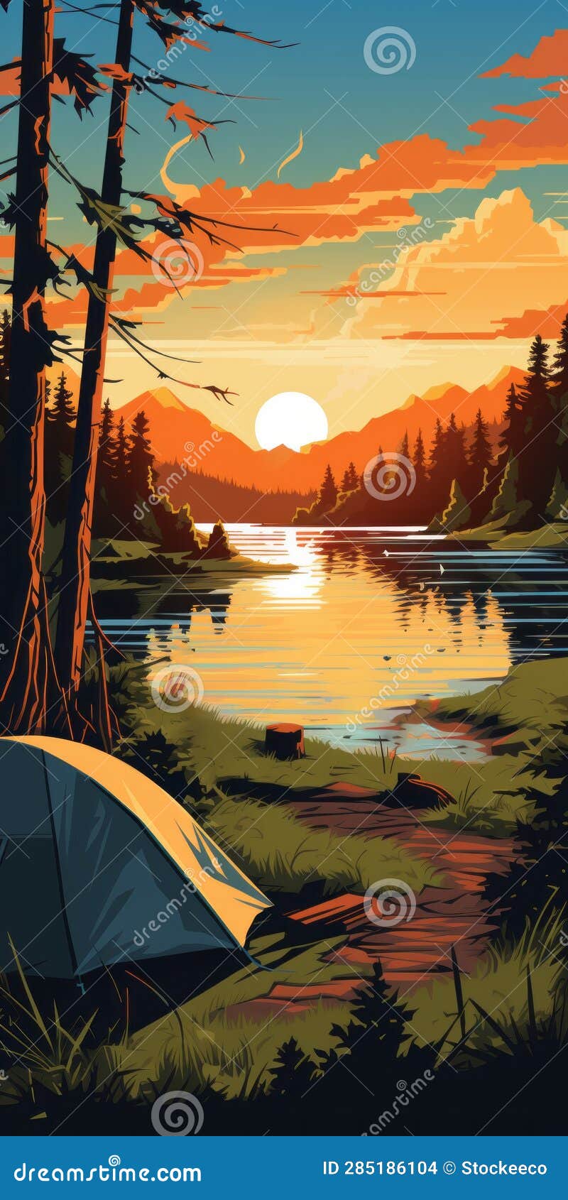 retrovirus camping poster with scenic marsh view