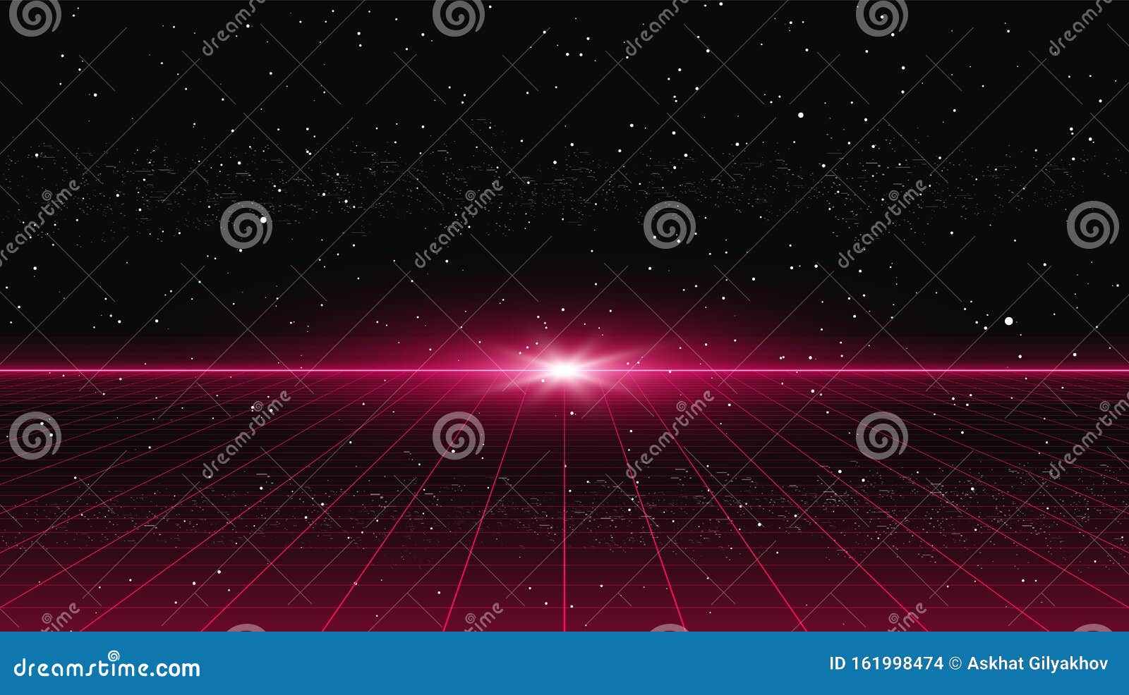 retrowave style red laser perspective grid with flash light on horizon on starry space background. retrofuturistic cyber