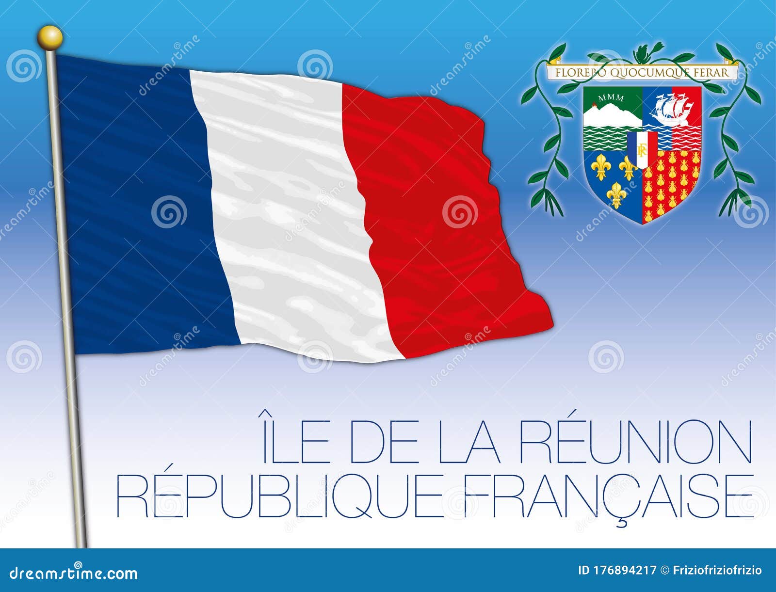Waving flag concept. Official flag of the French Department Réunion Island.  Waving background. 3D rendering. Stock Illustration