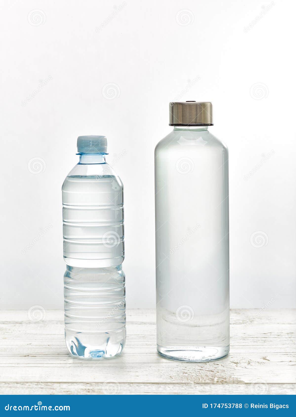 Reusable Glass Water Bottle Versus Plastic Water Bottle on White Table Stock Photo Image of