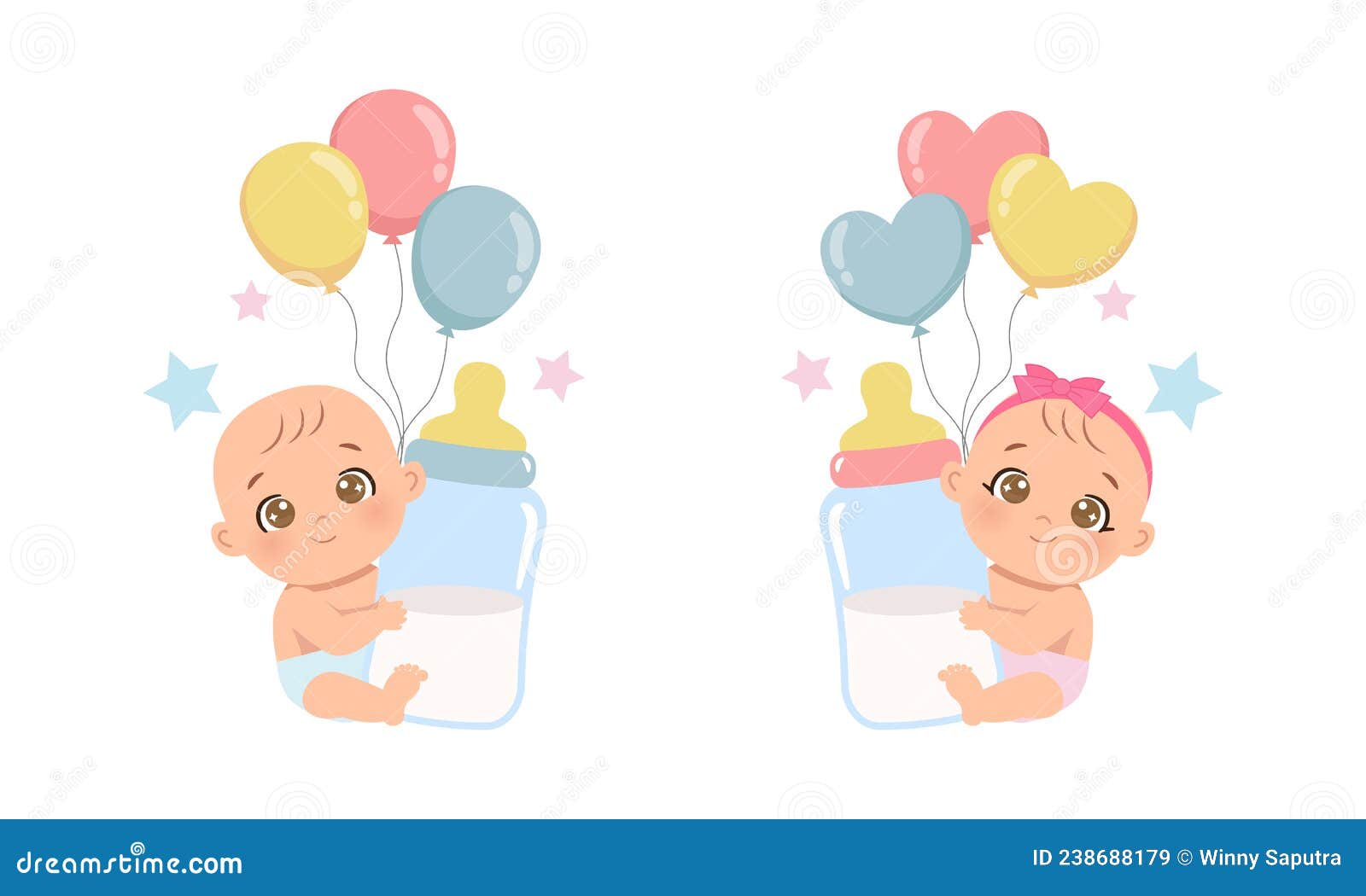 Lindo bebé niño y niña revelación de género con botella de leche y globos