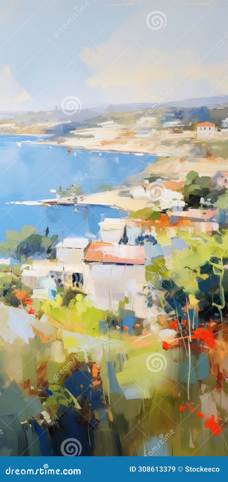 idyllic fishing village painting by jirs: expressive landscapes in orange and blue