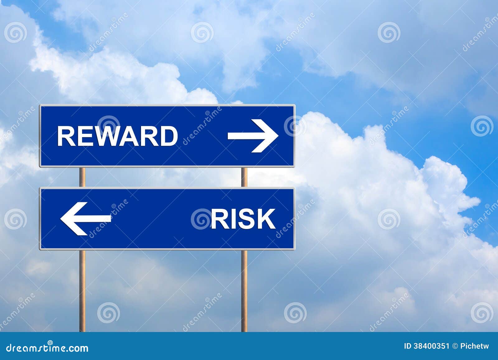 reward and risk on blue road sign