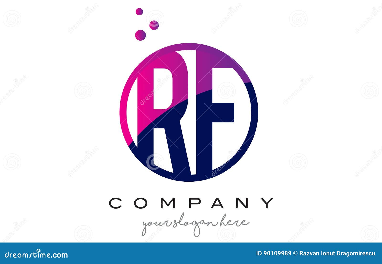 rf r f circle letter logo  with purple dots bubbles