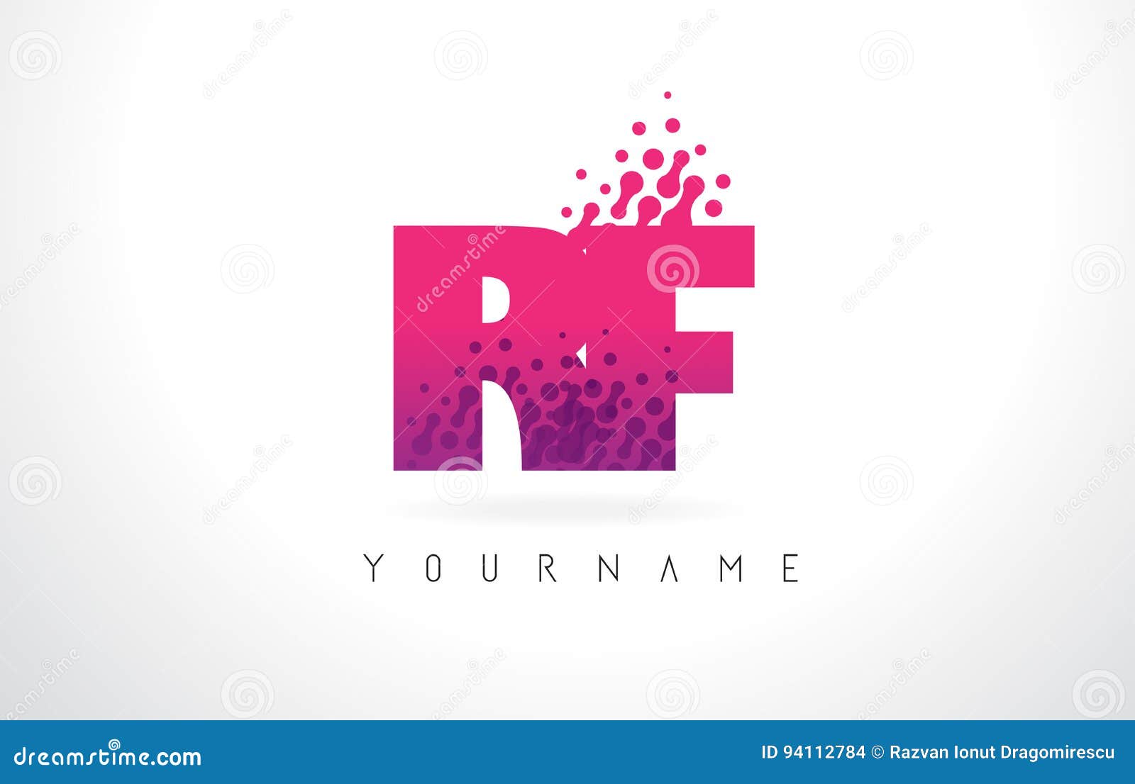rf r f letter logo with pink purple color and particles dots .
