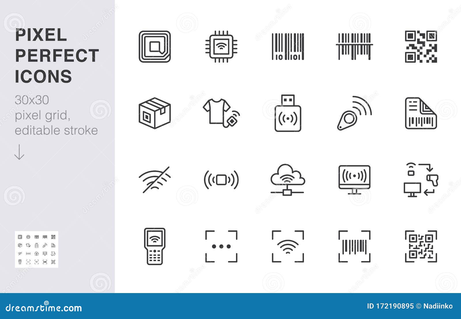 rfid, qr code, barcode line icon set. price tag scanner label reader, identification microchip  