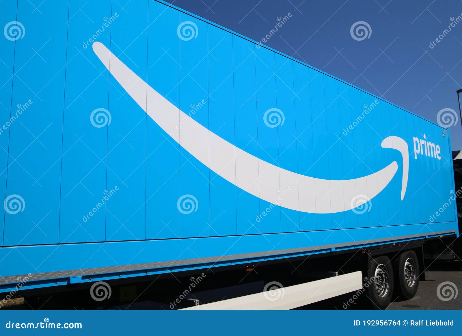 View On Isolated Blue Truck Trailer With Amazon Prime Logo And Lettering Editorial Stock Image Image Of Left View