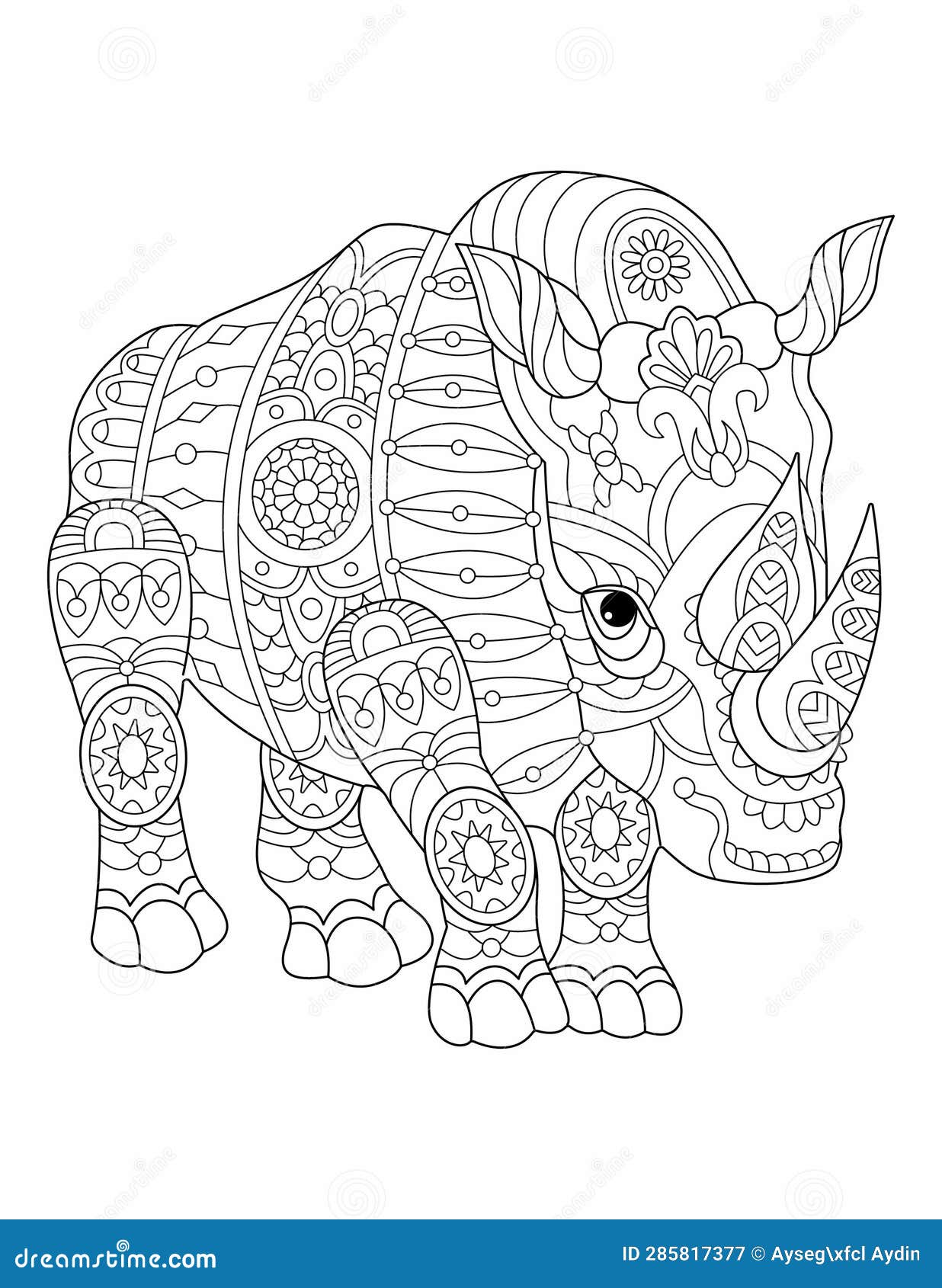 Zentangle Animal Coloring Page, Zentangle Rhino Coloring Page Stock