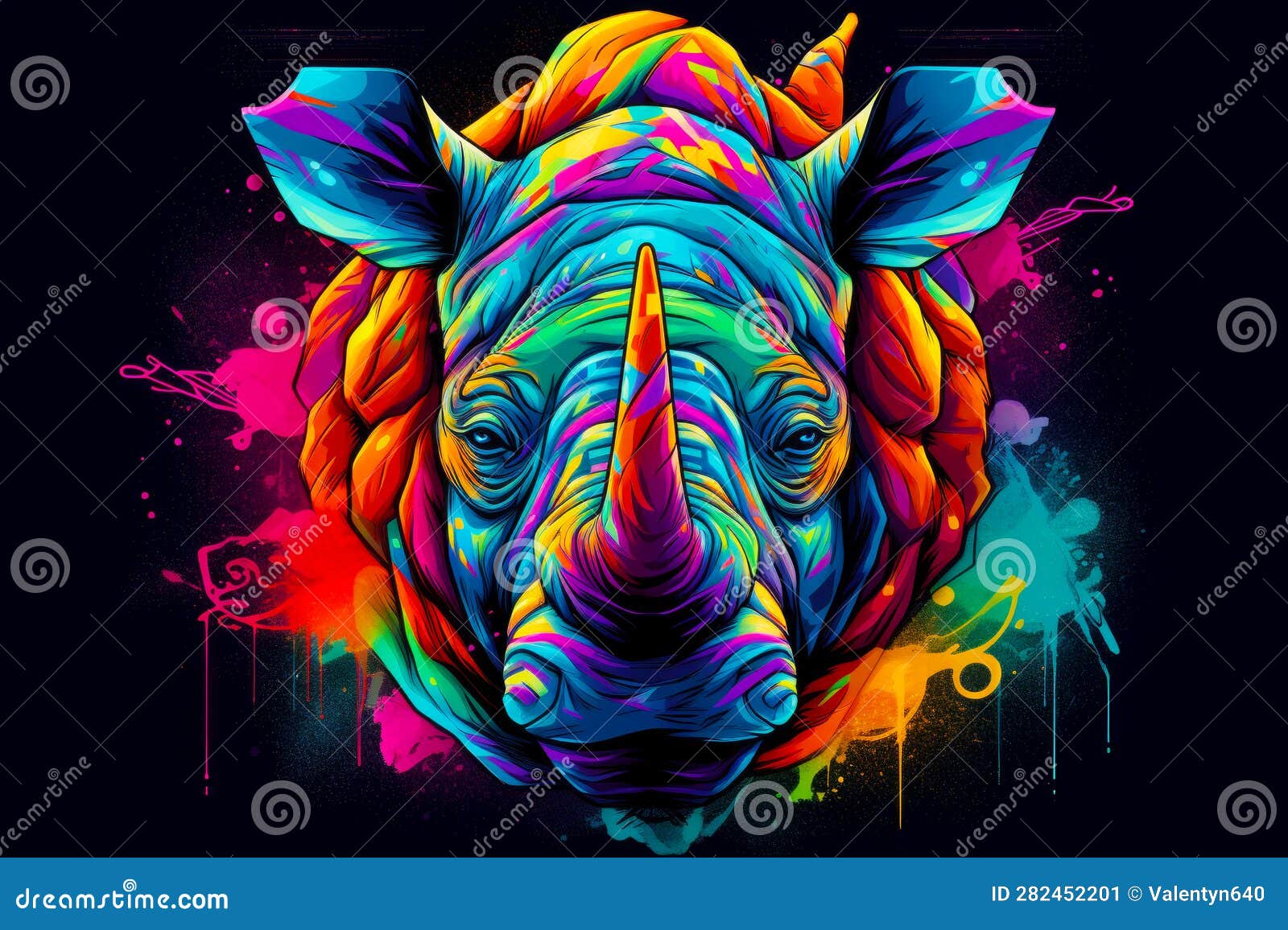 rhino with colorful paint splattered on it's face and horns. generative ai