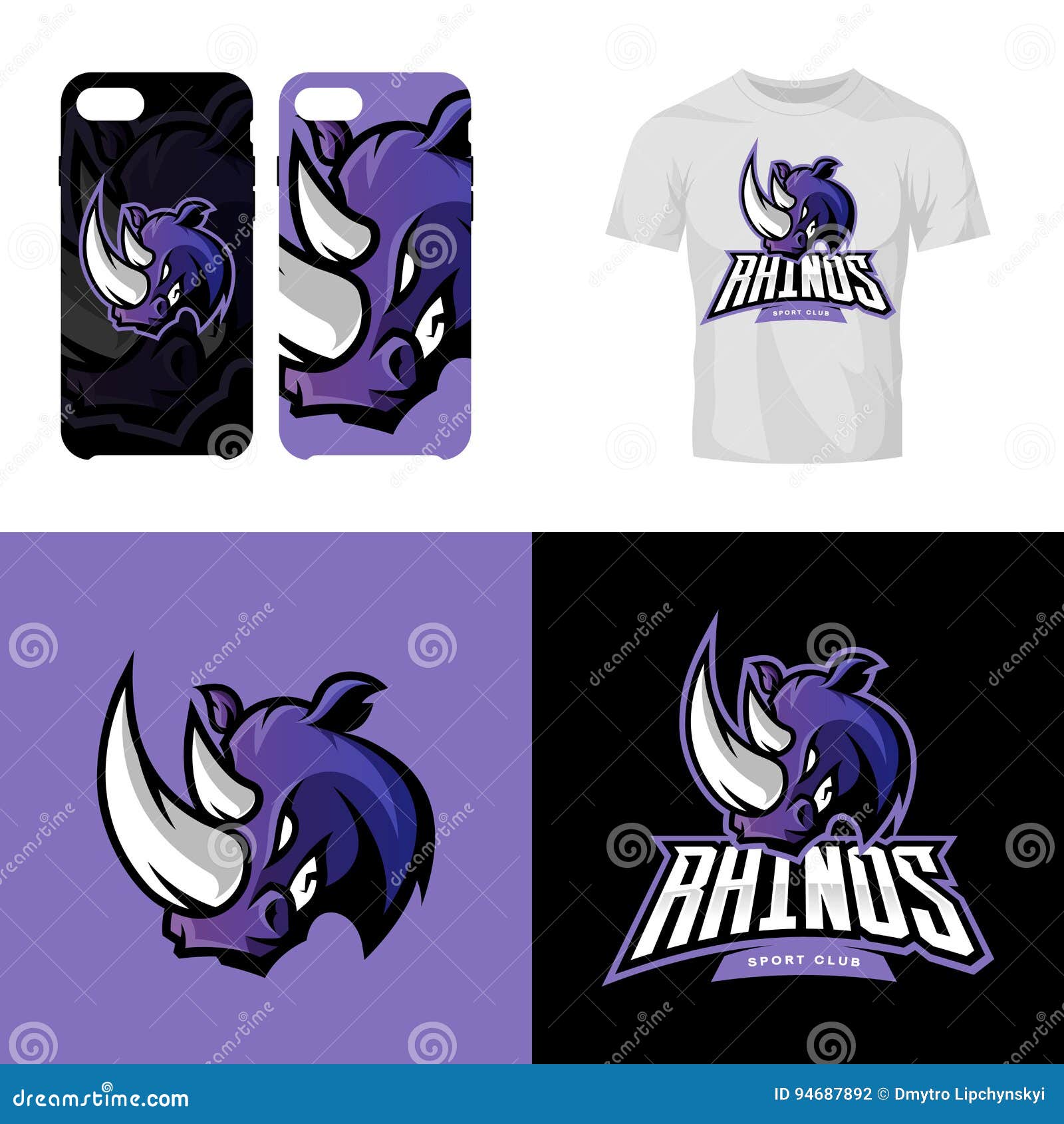 Rhino head sport club isolated vector logo concept. Modern professional team badge mascot design.Premium quality wild animal t-shirt tee print illustration. Smart phone case accessory emblem.