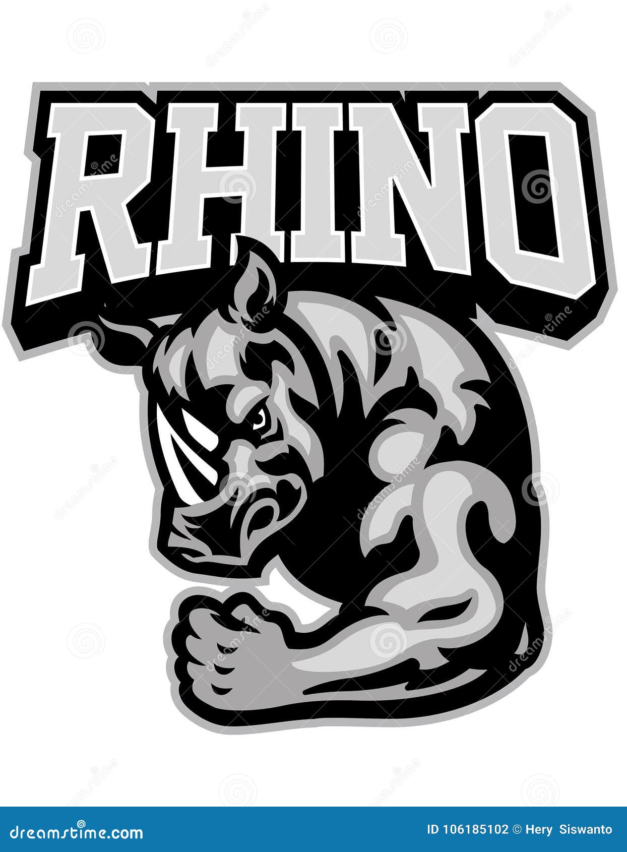 rhino mascot showing his muscle arm