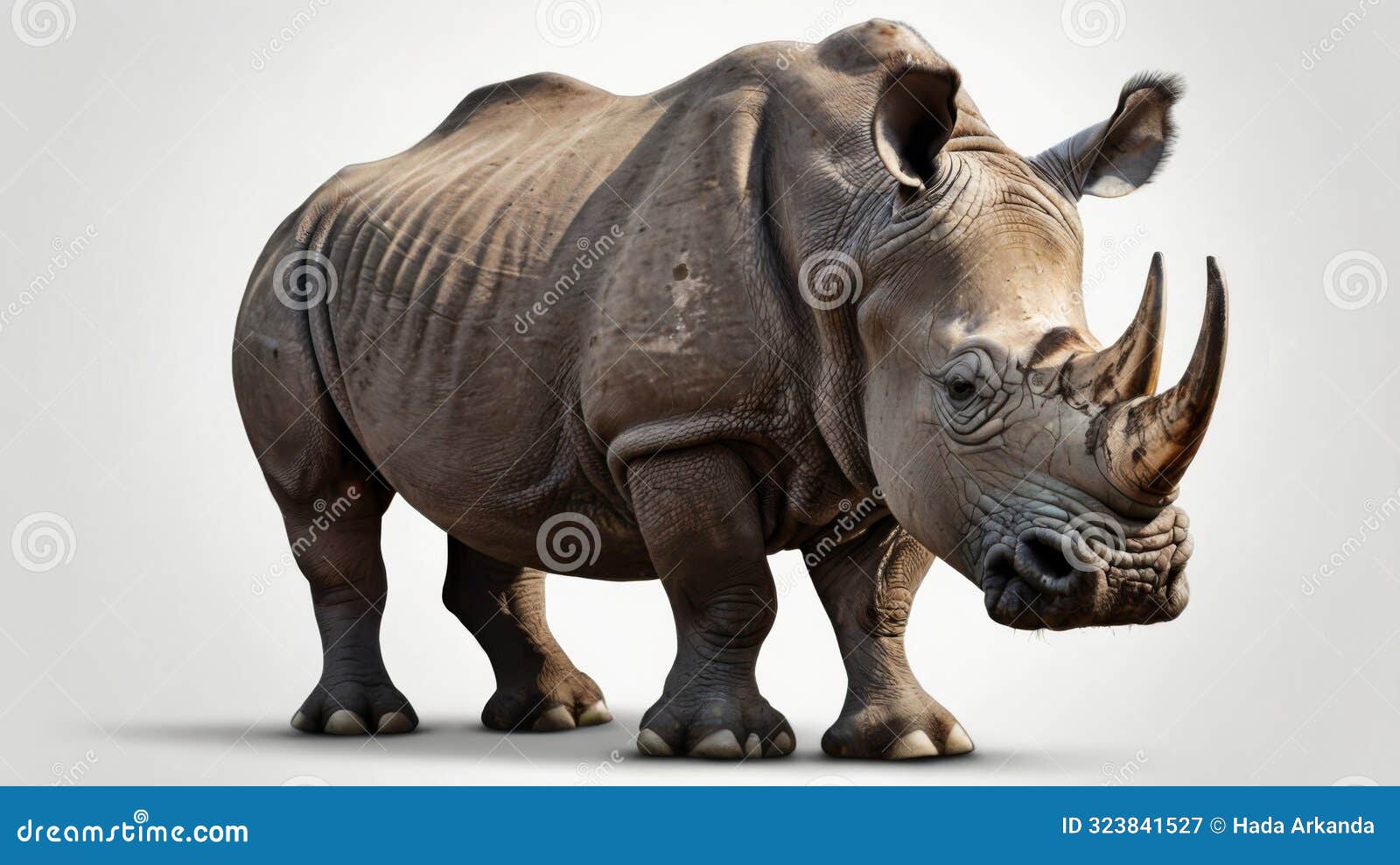 a rhinoceros  on a white backdrop, focusing on its distinctive horns and rugged texture