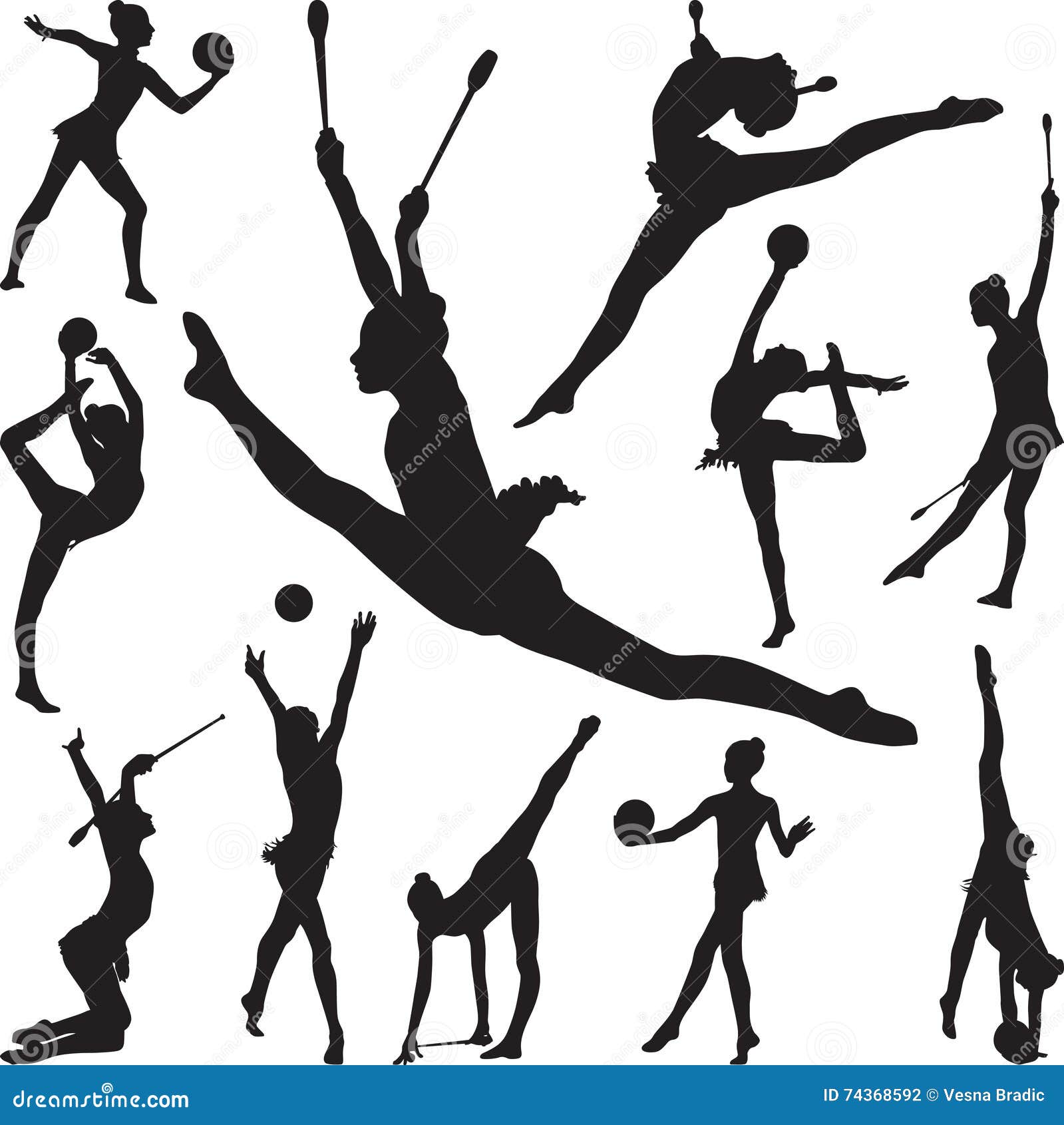 Rhythmic Gymnastics with Ball and Cones Silhouette Vector Stock Vector