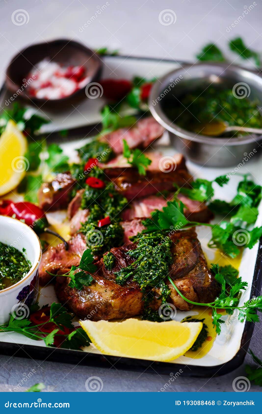 Rib Eye Steak with Chimmichurri Sauce. Stock Photo Image of dinner