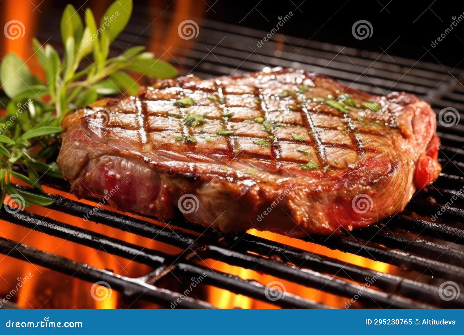 Rib Eye Steak Cooking on a Glowing Grill Stock Image Image of