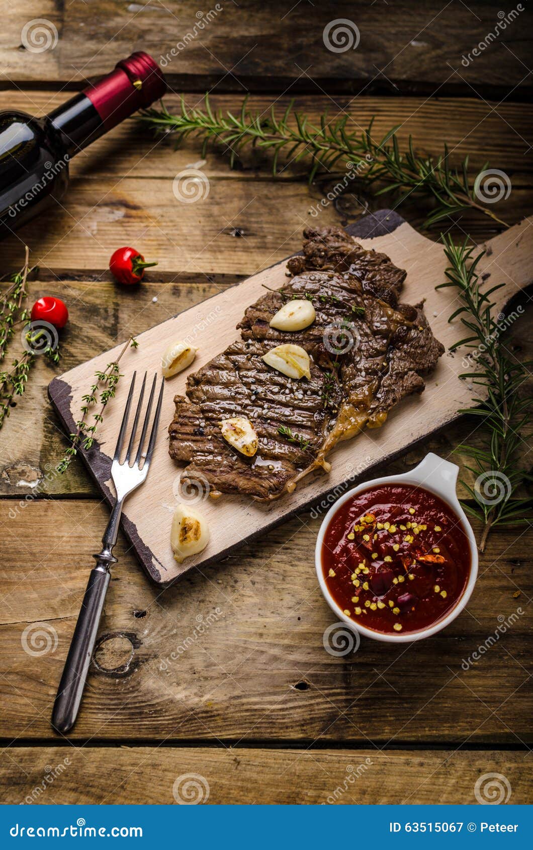 Rib eye steak with wine stock image. Image of cooked 63515067
