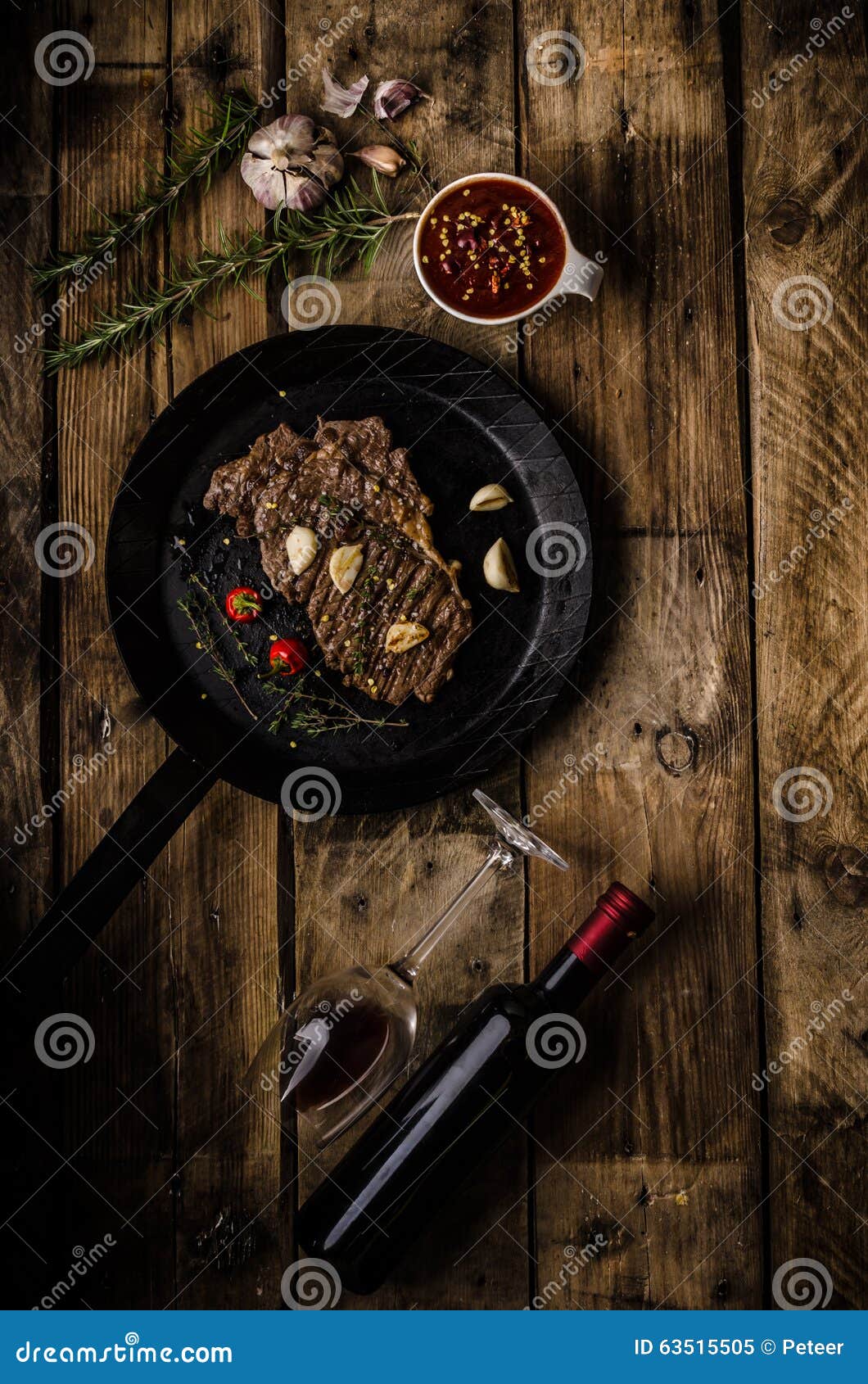 Rib eye steak with wine stock image. Image of dinner 63515505