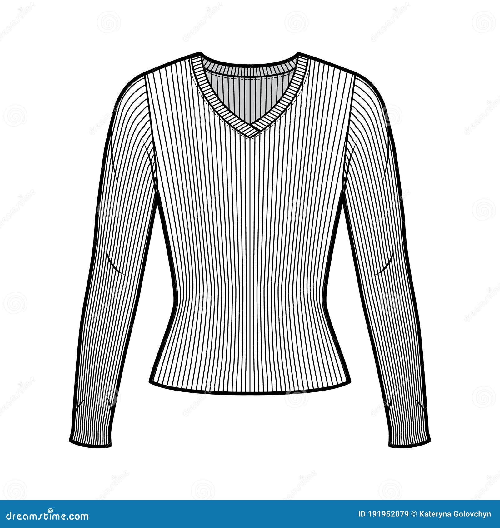 Ribbed V-neck Knit Sweater Technical Fashion Illustration with Long ...