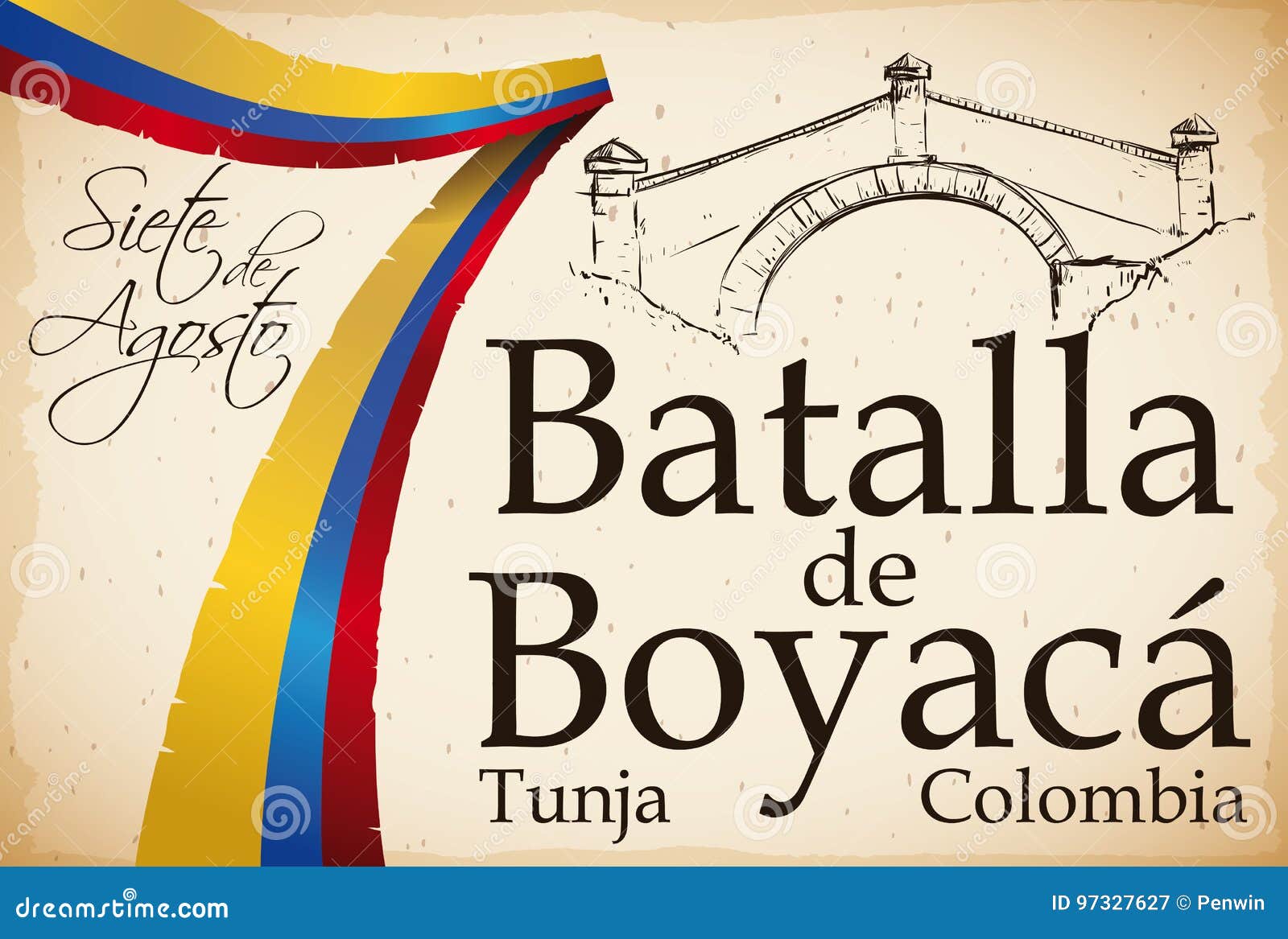 ribbon like colombian flag over scroll with boyaca`s bridge ,  