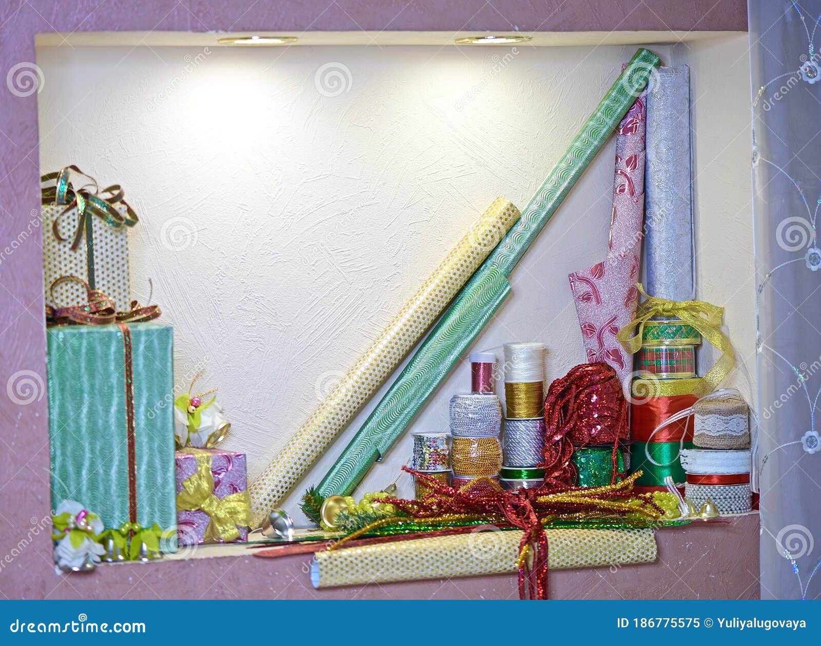 Ribbons and Materials for Needlework and Gift Wrapping Stock Image