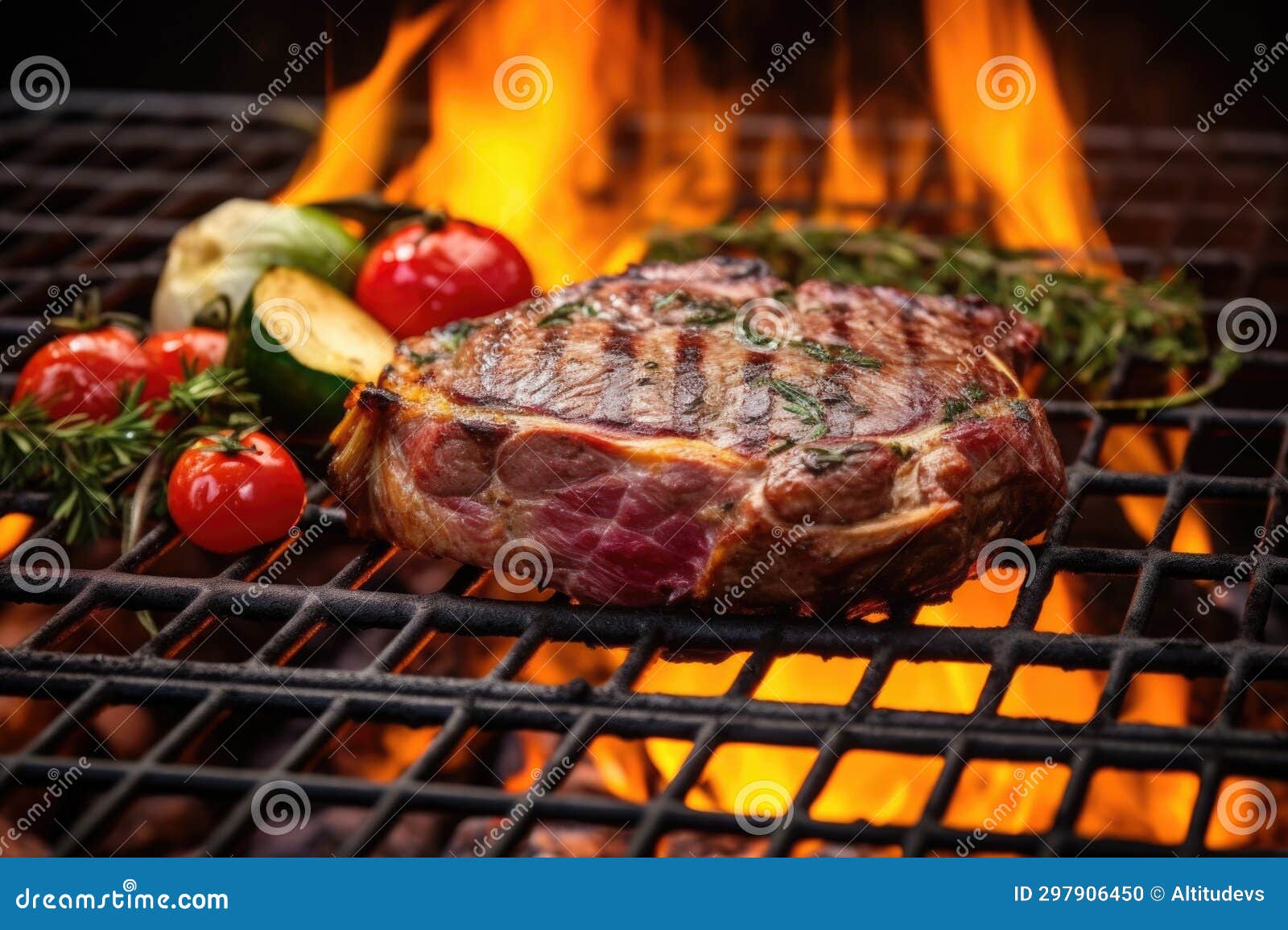 Ribeye Steak on Grill with Fire and Smoke Visible Stock Photo Image