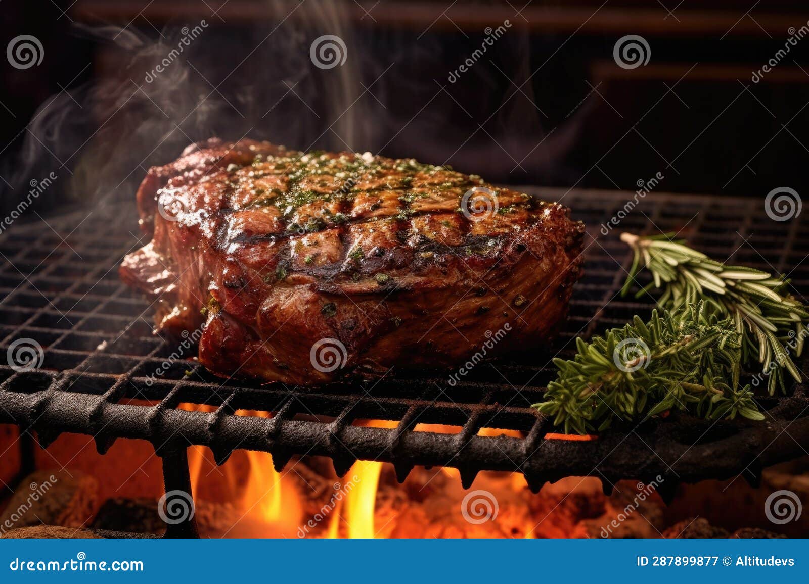 Ribeye Steak Sizzling on a Bbq with Smoke Rising Stock Image Image of