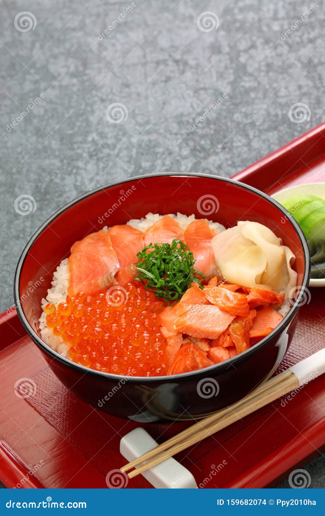 Japanese Rice Bowl Topped with Salmon & Salmon Roe Stock Photo - Image ...
