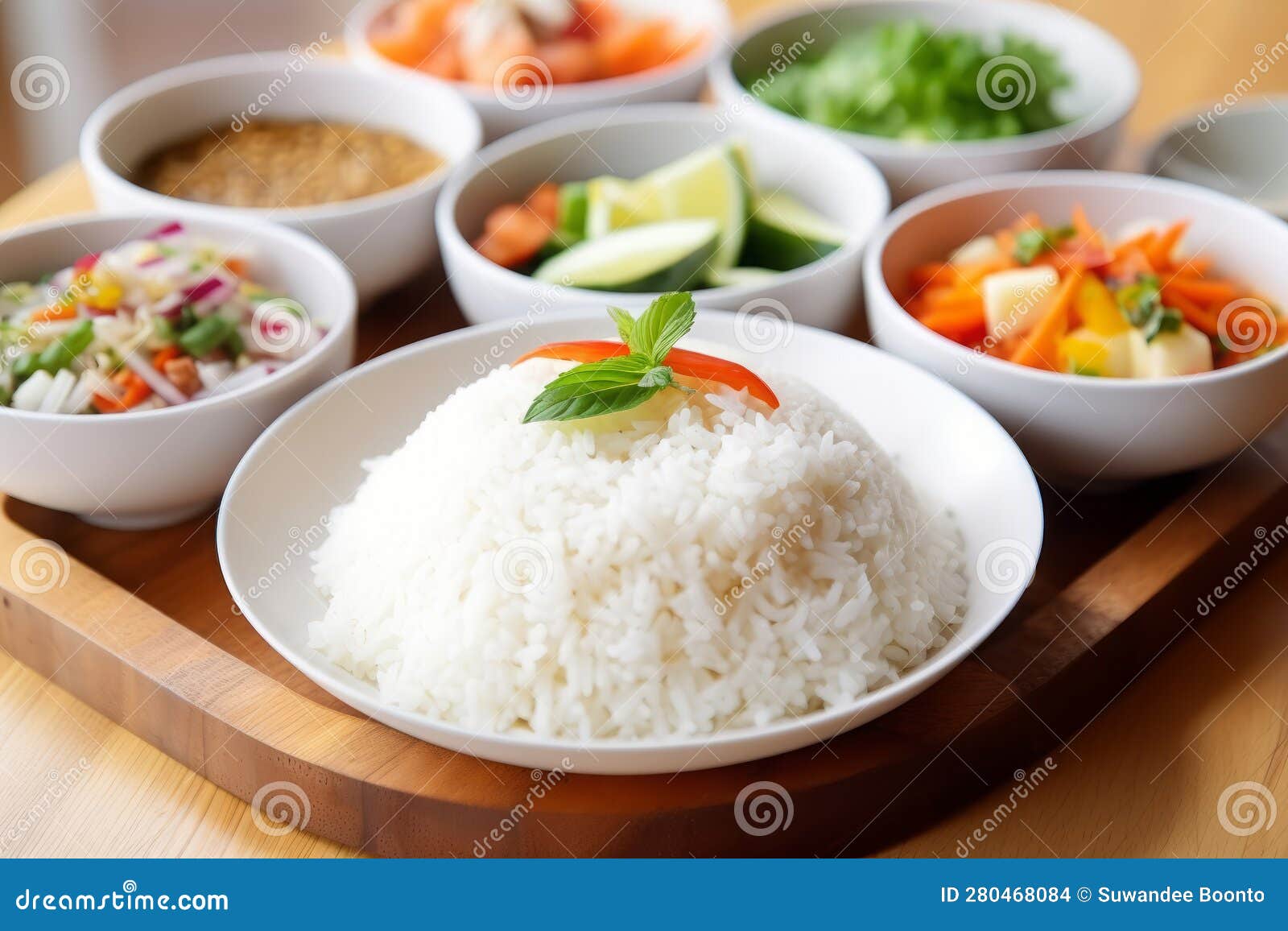 Rice in a Bowl with Various Kinds of Ingredients. AI Generated Stock