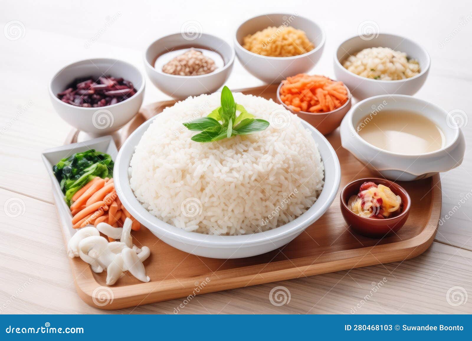 Rice in a Bowl with Various Kinds of Ingredients. AI Generated Stock