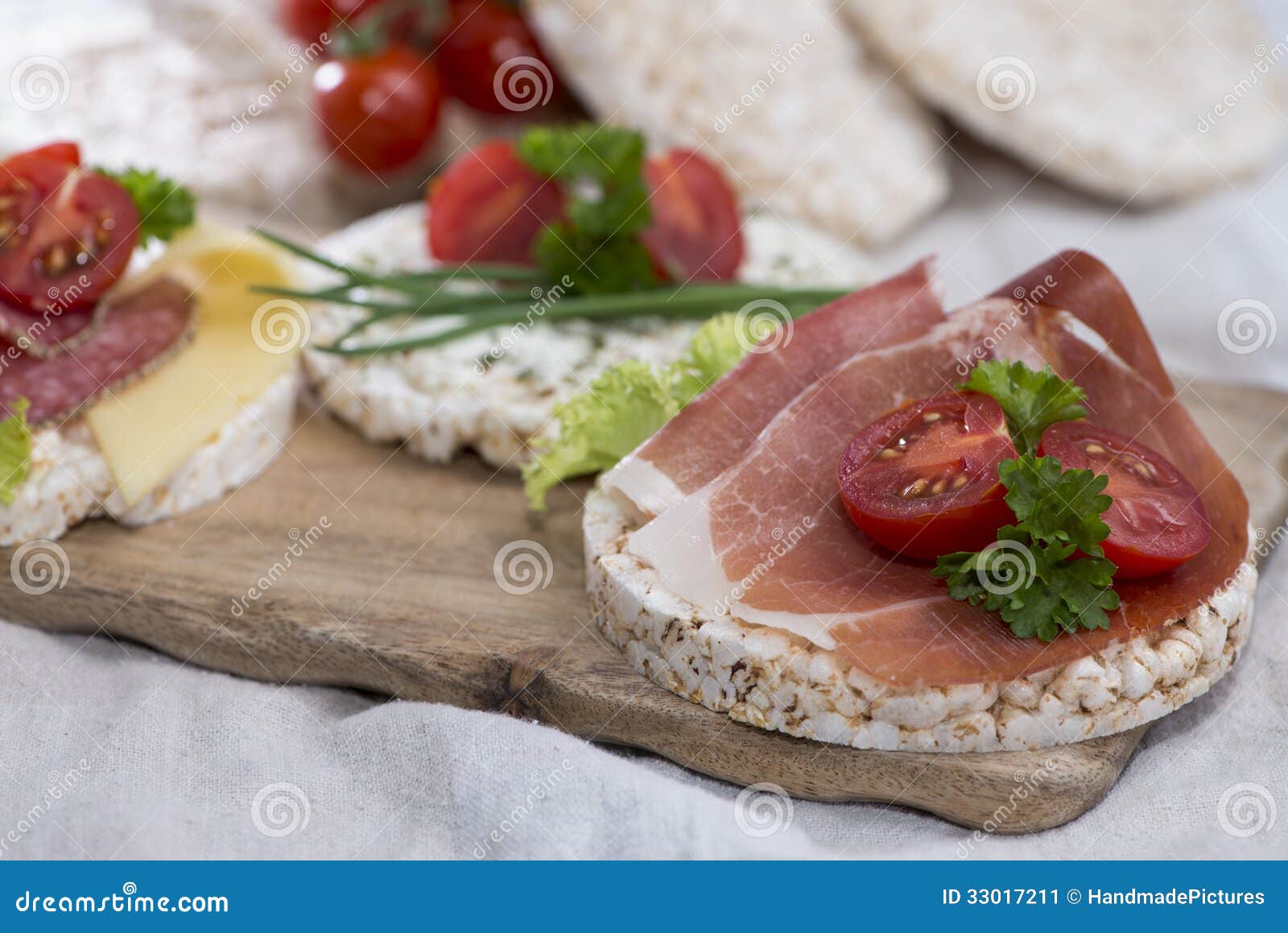 Rice Cakes with fresh Ham stock image. Image of biscuit 33017211