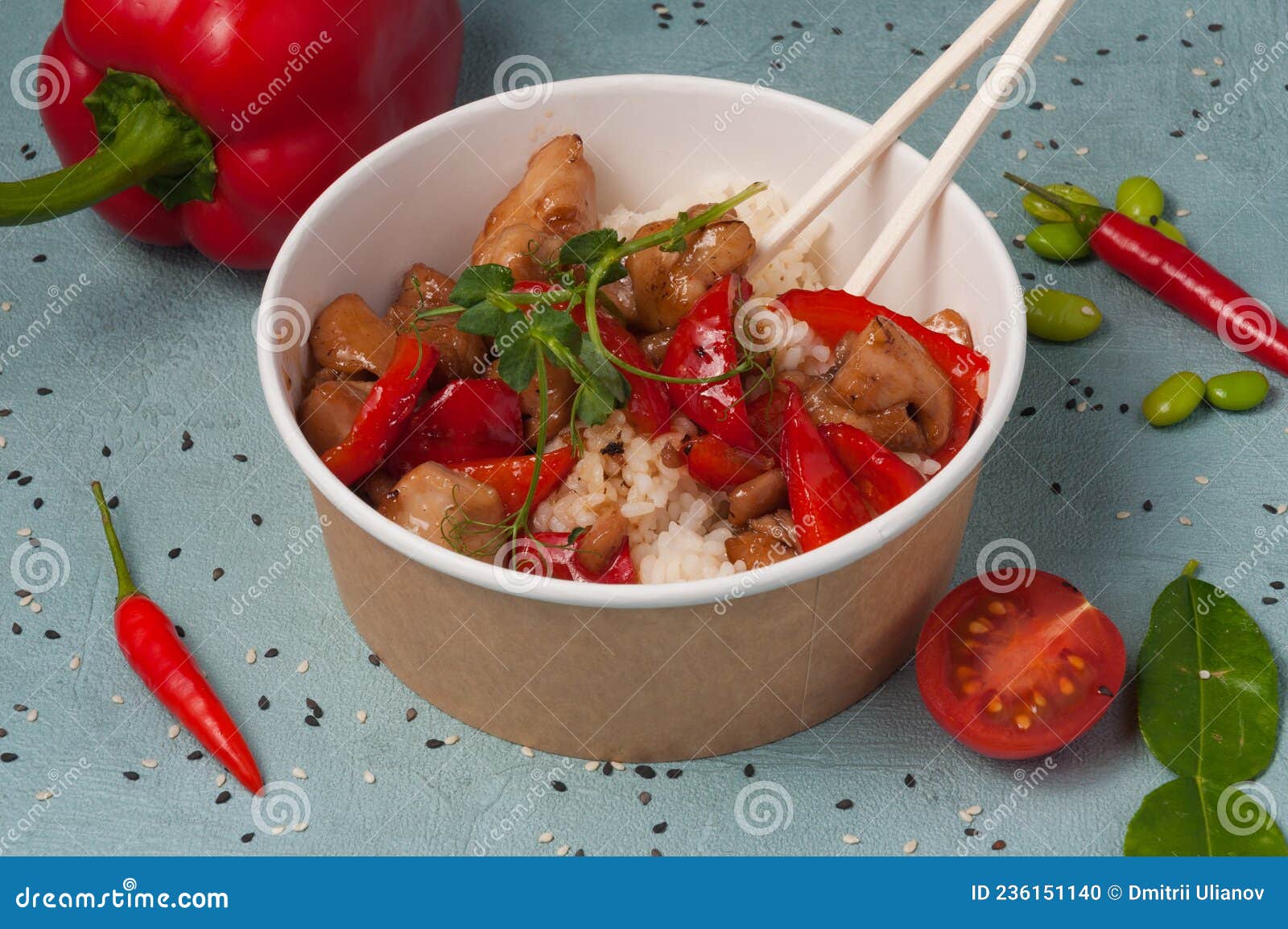 Rice with Chicken and Bell Pepper in a Craft Dish Stock Photo Image
